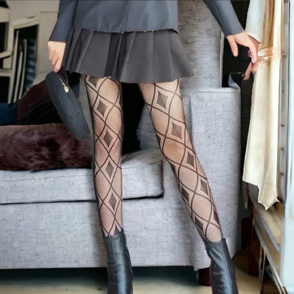 Argyle Jacquard Hollow Out Tights High Waist Comfy Pantyhose Black One Size‎